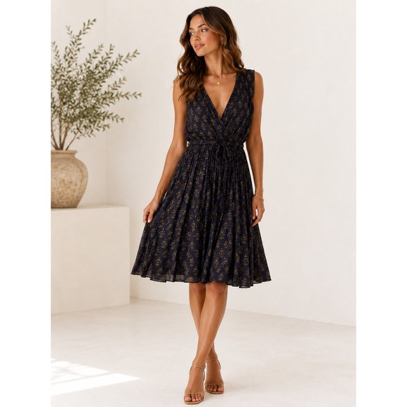 CP Shades Dresses & Skirts - CP Shades Julia Dress Womens Small Navy Blue Gold Silk Cotton Block Print Midi